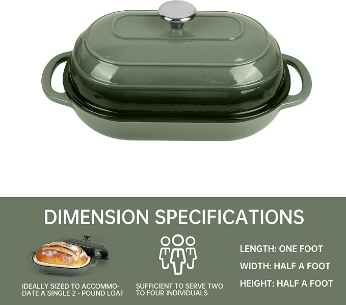 Premium Enameled Cast Iron Dutch Oven for Bread Baking | Non-Stick 5QT Oval Bread Oven with Lid | Perfect for Sourdough, Loaf, and Artisan Baking (Oval Green, 5 QT)