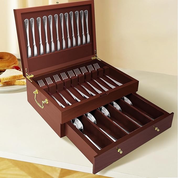 Silverware Storage Box Solid Wood with Lid, Silverware Organizer with Handle and Felt Lined, Silverware Storage Chest for Flatware and Utensils Home Decor Gift, Chest for Flatware (Walnut, 2 Layer)