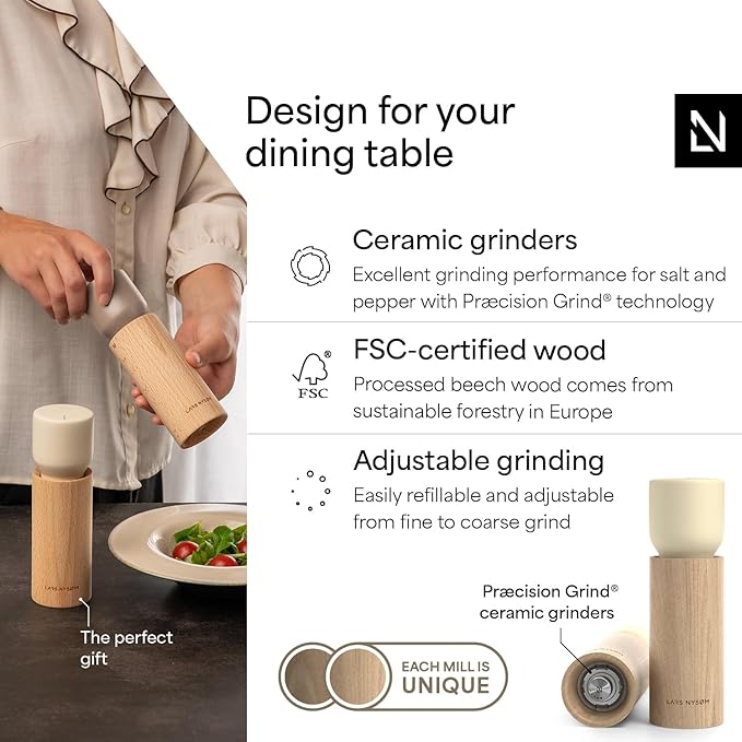 LARS NYSØM Wooden Salt and Pepper Grinder Set Manual - Salt and Pepper Mills with Adjustable Ceramic Grinder - Elegant Beechwood Pepper and Salt Mill Set for Dining Table (Almond Beige)