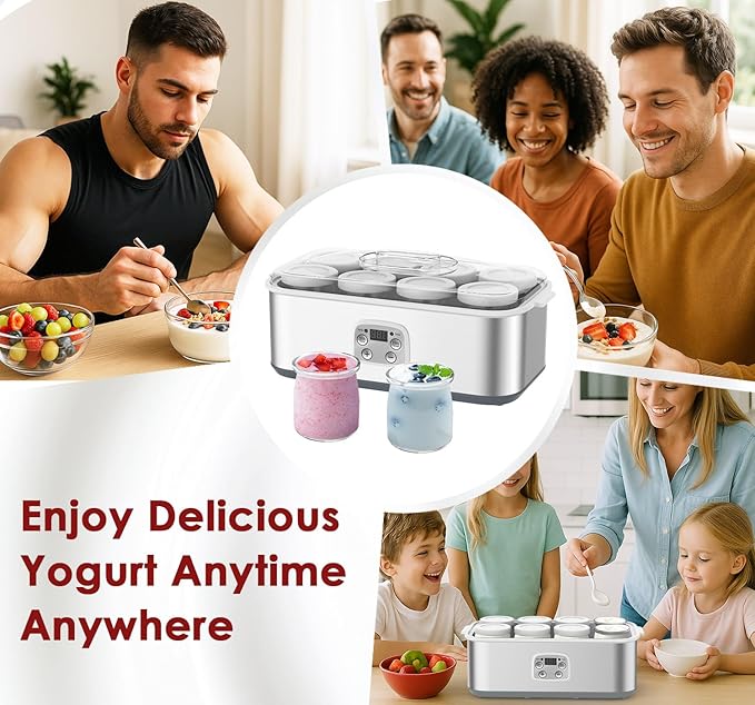 Suteck Yogurt Maker - Stainless Steel Yogurt Makers with Adjustable Time & Temp Control，Automatic Shut-Off & Constant Temper for Homemade Greek, Probiotic Yogurt, BPA-Free 8 Glass Jars (48 oz)