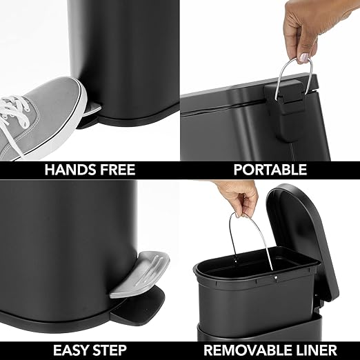 mDesign Small 2.6 Gallon/10 Liter Stainless Steel Metal Step Trash Can Garbage Bin for Bathroom, Bedroom, Home Office, D-Shape Trashcan with Foot Pedal/Lid, Removable Liner Bucket with Handles, Black