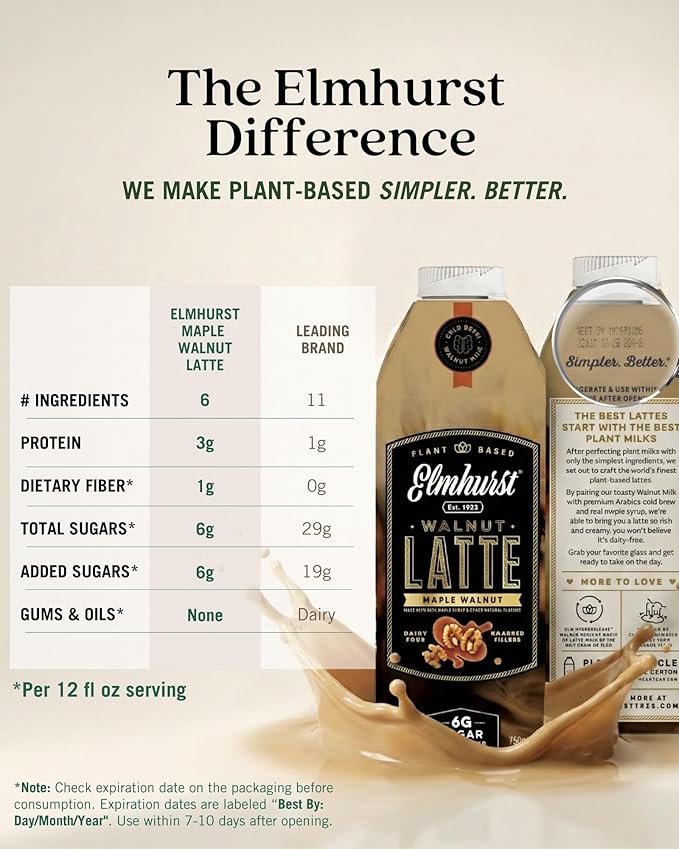 Elmhurst 1925 Maple Walnut Latte – Plant-Based, Vegan, Dairy-Free Plant Milk Latte Made of Walnut Milk, Cold Brew Premium Arabica with 95mg Caffeine & Real Maple & Brown Sugar – 25.4oz (Pack of 6)
