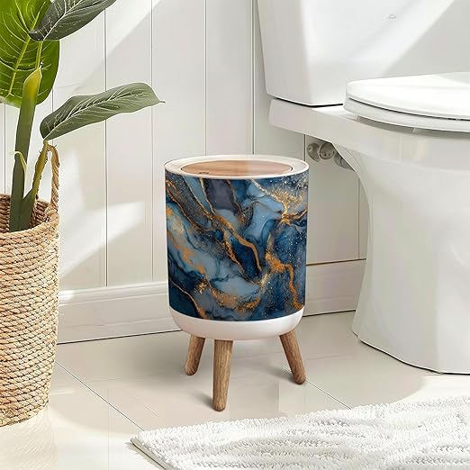 Trash Can with Lid Photo Navy Blue Dark Marble Golden Veins Close up Texture for Press Top Round Small Garbage Bin with Wooden Legs Waste Basket for Kitchen Bedroom Nursery 7L/1.8 Gallon