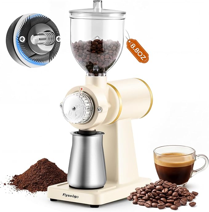 Electric Burr Coffee Grinders for Home Use, 8 Adjustable Settings Stainless Steel Flat Burr, Quiet Low Static Design for Espresso Pour Over French Press, Cream Style White