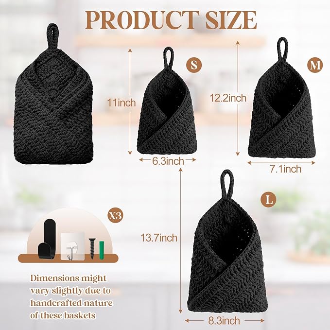 Honeydak Boho Decor Hanging Wall Baskets for Kitchen 3 Pack Teardrop Baskets with Hooks Storage Fruit Onion Vegetable Potato for Home 3 Sizes(Black,Triangle,Cotton Rope)