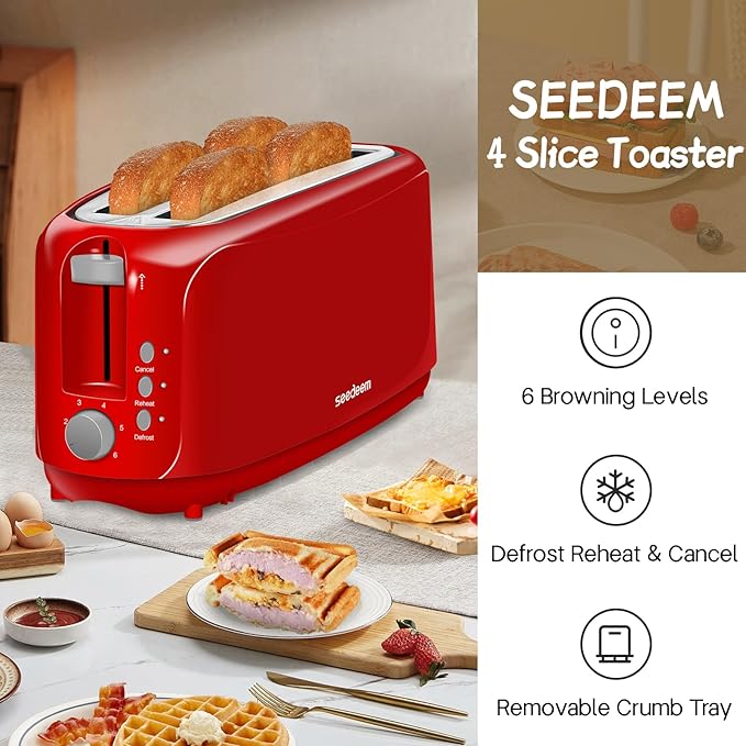 SEEDEEM 4 Slice Toaster, Extra Wide Slots Bread Toaster with 6 Shade Settings, Bagel/Cancel/Defrost/Reheat Functions, Removable Crumb Tray, Auto Shut-Off, Red