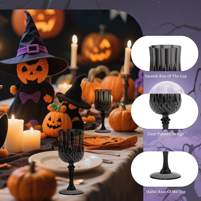 7OZ Plastic Wine Glasses, Reusable Vintage Goblets Unbreakable Drinking Glasses Crystal Water Cups Champagne for Wedding, Parties (12, Black)