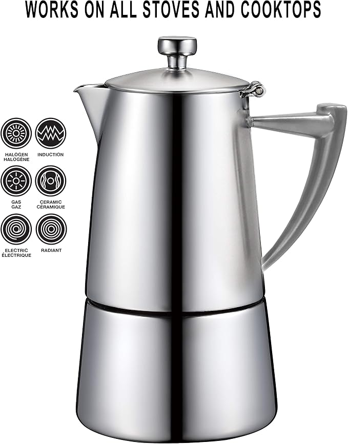 CUISINOX Roma Satin Stainless Steel Moka Pot Stovetop Espresso Maker, 4-Cup (6 oz)