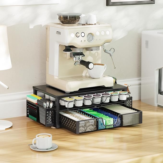 Ekisemio 2-Tier K Cup Organizer with Sliding Drawer & Side Baskets, Black | 63 K-Cups or 83 Capsules| Sliding Drawers | Side Baskets | Sturdy Metal Frame | Tool-Free Assembly | Space Saving | Black