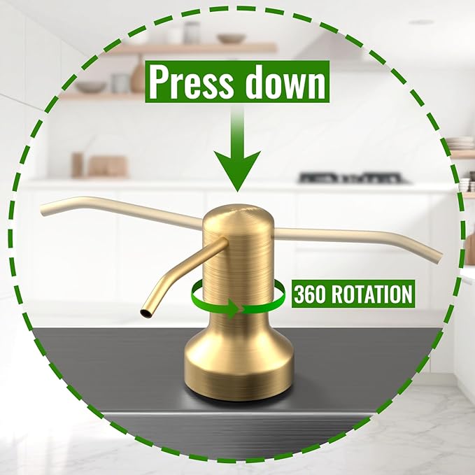 Soap Dispenser for Kitchen Sink, Kitchen Sink Soap Dispenser with 17 OZ Bottle, Refill from The Top Bar, Longer Threaded Shaft Shank, Wide Pump Head Base (Golden)