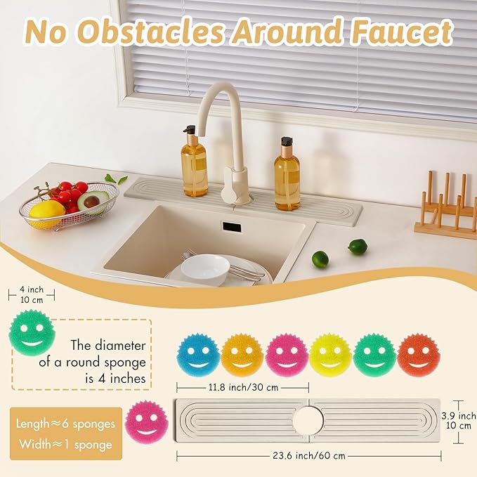 Quick Dry Stone Sink Splash Guard, 23.6" Extended Diatomaceous Earth Sink Absorbent Faucet Mat, Instant Drying Stone Tray for Kitchen & Bathroom Countertops, Aesthetic Home Decor Gift Women, Ash Grey