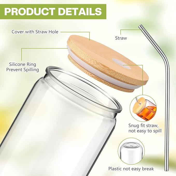 16 Pcs Plastic Cups with Lids and Straws Acrylic Mason Jars with Bamboo Lids Mason Jar tumblers with Sticker and Diamond for DIY Decorate Mugs Drinking for Water Beverage Beer (16 oz,Clear)