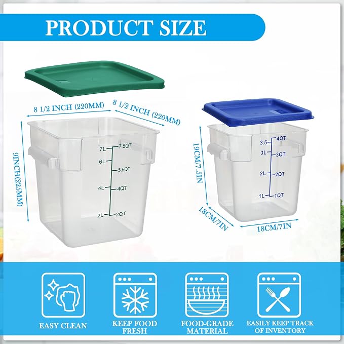 Lallisa 4 Pcs 8qt & 4qt Clear Food Storage Containers with Lids Handles and Scales, Stackable Plastic Square Food Storage Containers for Dough Proofing Baking Kitchen Restaurant(Blue, Green)