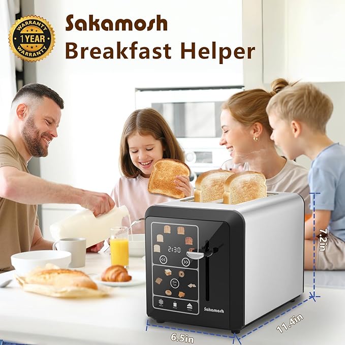 SAKAMOSH Touch Screen Toaster 2 Slice, Smart Digital Toasters, 6 Browning Levels & 6 Bread Types, Bagel Memory Function, Timer, Stainless Steel, 800W