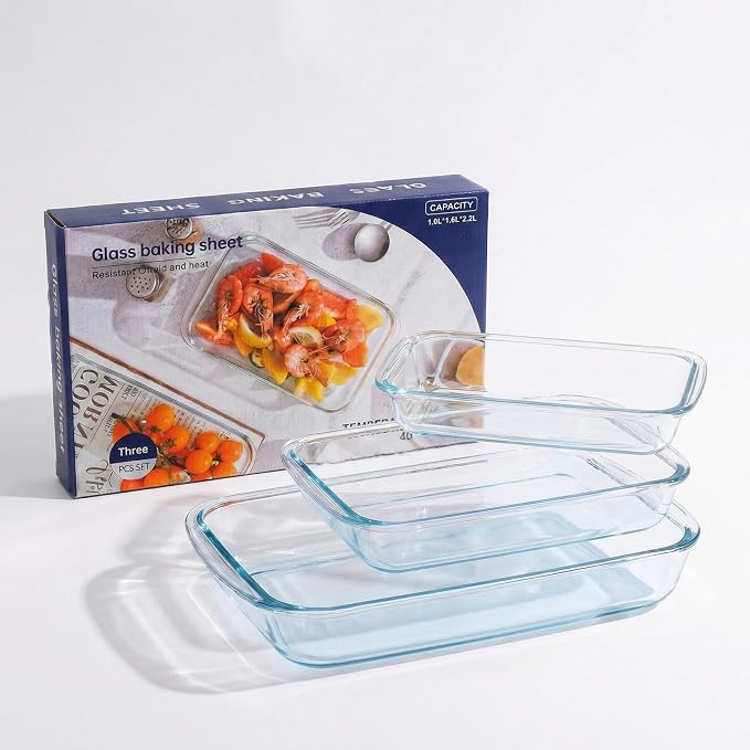 High Borosilicate Glass Baking Dishes for Oven, (2.3QT, 1.6QT, 1.0QT, 3 Pack) Rectangular Bakeware Sets, Deep Glass Casserole Dishes with Handle for Microwave, Baking, Meal Preparation