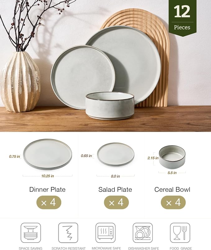 Famiware Annecy Plates and Bowls Sets, 12 Pieces Dinnerware Sets, Microwave and Dishwasher Safe Dishes Set for 4, Chip and Scratch Resistant, Grey White