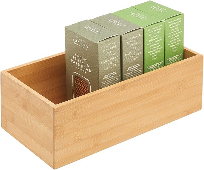 mDesign Kitchen Organiser — Rectangular Wooden Storage Box for Storing Tea, Coffee, Sugar and Other Foods in The Kitchen — Stackable Tea Bag Holder — Natural