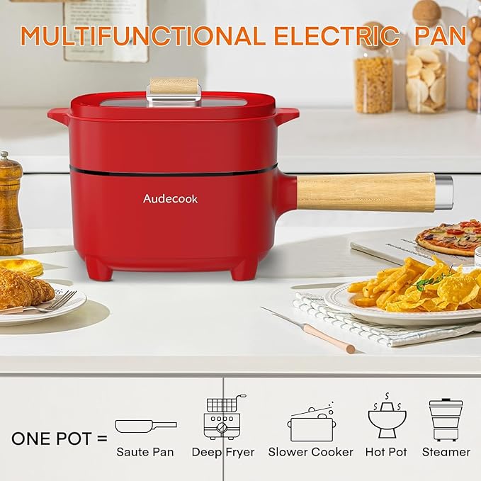 Audecook Hot Pot Electric 2L, Cermic Glaze Non-Stick Frying Pan 8 Inch, Portable Travel Cooker for Ramen/Steak/Fried Rice/Oatmeal/Soup, with Dual Power Control (Silicone Spatula Included)