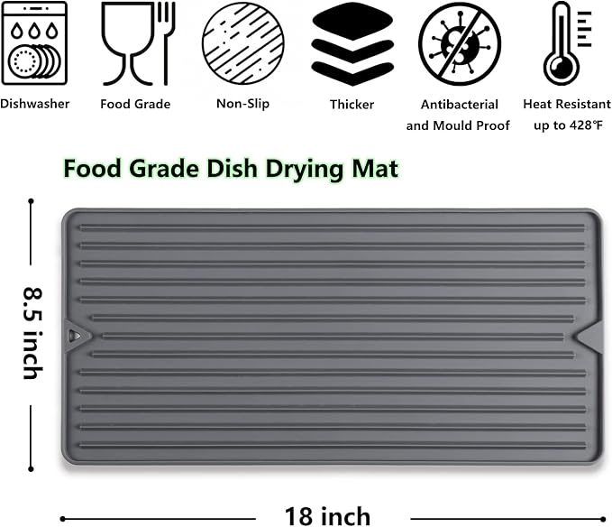 Dish Drying Mat, Elegant Drying Mat for Kitchen Counter, Multipurpose Durable Food Grade Silicone Mat, Non-slip Quick Water Releasing Drying Pad for Dish, 18 x 8.5 Inches Grey