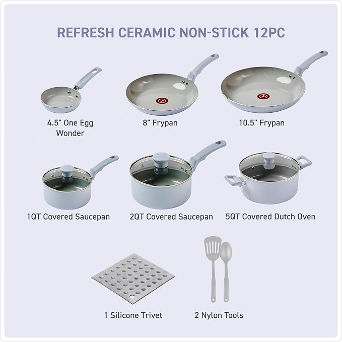T-Fal Refresh Ceramic Nonstick Cookware Set, 12-Piece Nonstick Cookware, Oven Safe to 350°F, Stockpot, Griddle, Frying Pans, Utensils, Ceramic Pots and Pans Set, Blue
