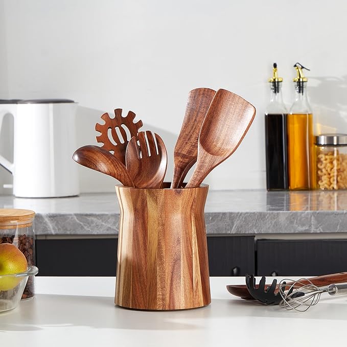 Wooden Utensil Holder for Countertop, 360° Rotating Kitchen Utensil Holder, 7.2"x 6" Large Acacia Wood Crock, Farmhouse Kitchen Decor