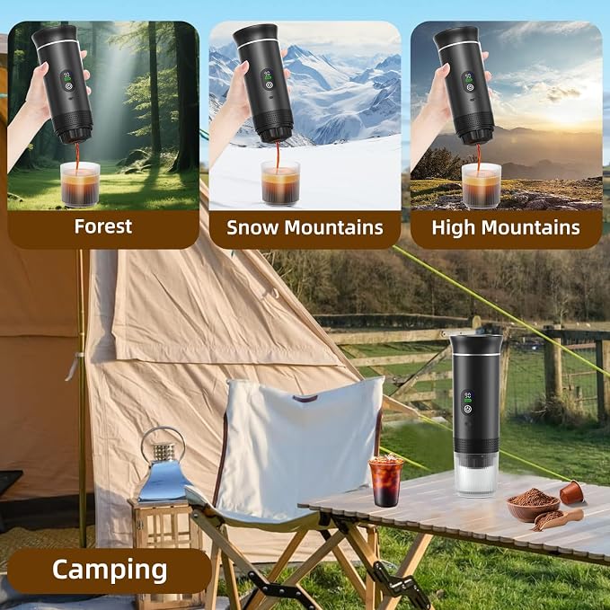 Portable Coffee Maker for Travel & Camping, Portable Espresso Maker with Bag, Rechargeable Cordless Battery Operated Coffee Makers for Ground Coffee, NS Capsule RV, Hiking, Office(Black)