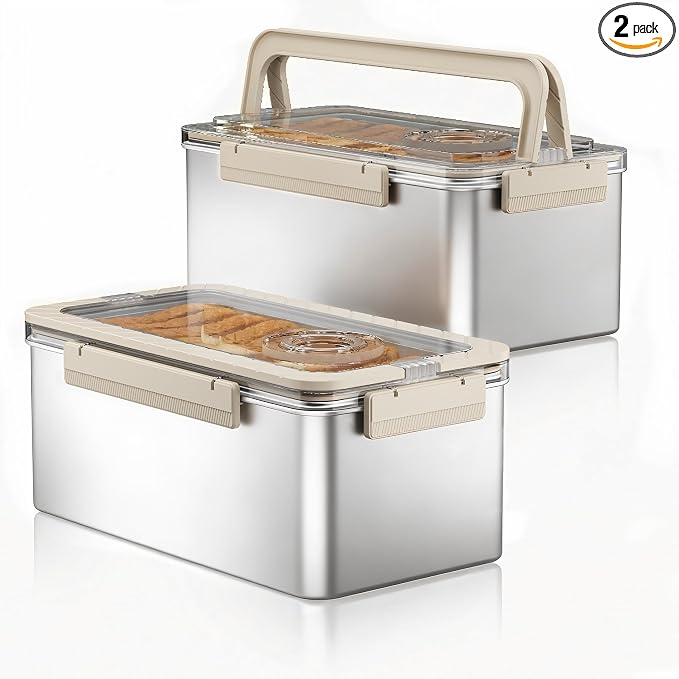 QCQHDU Bread Containers Corner Bread Box Keeper Food Storage Container | Airtight, Time Recording, BPA Free, 5800ML Large Capacity 2 Pack, Stainless Steel, for Kitchen Countertop Homemade Breadbox