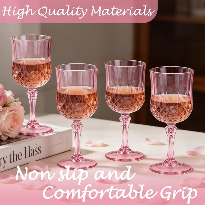 Plastic Wine Glasses, Plastic Goblets Vintage Style Cordial Unbreakable Drinking Glasses,Reusable Drinkware for Wedding Reception, Grand Event Party Supplies (24, Pink)