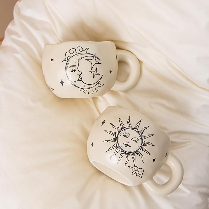 4pcs Boho Style Ceramic Moon and Sun Mugs, 9.4OZ Cute Coffee Cup Set, Matte Cream Color, Dishwasher Safe, Gift for Women/Couples