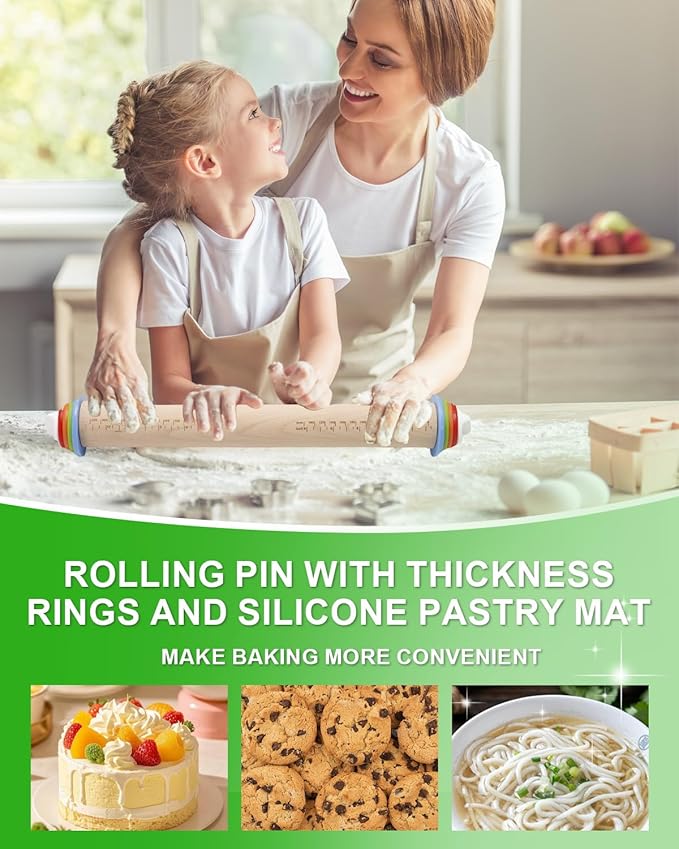 16.7" Rolling Pin with Adjustable Thickness Rings, Wooden Dough Roller, Rolling Pins for Baking, Fondant, Pizza, Pie Crust, Cookie, Pastry, Roller Rod for Dough Thickness, 2-Piece Set