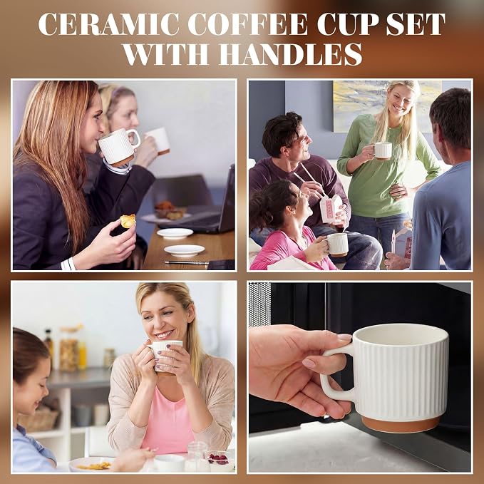 6 Set Ceramic Coffee Mugs with Gold Spoons, 8.8 oz Textured Ribbed Coffee Cups for Latte & Cappuccino, Modern Farmhouse Tea Mugs with Handle, Dishwasher & Microwave Safe(White)