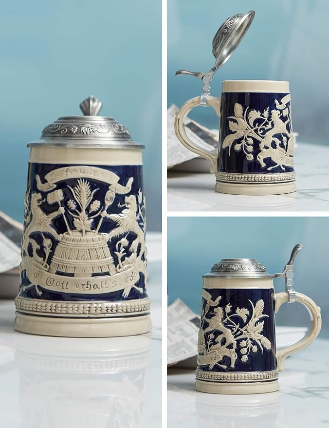 HAUCOZE Beer Stein Mug German Bavarian Drinking Viking Tankard with Pewter Lid Birthday Gifts for Men Father Husband 0.6 Liter