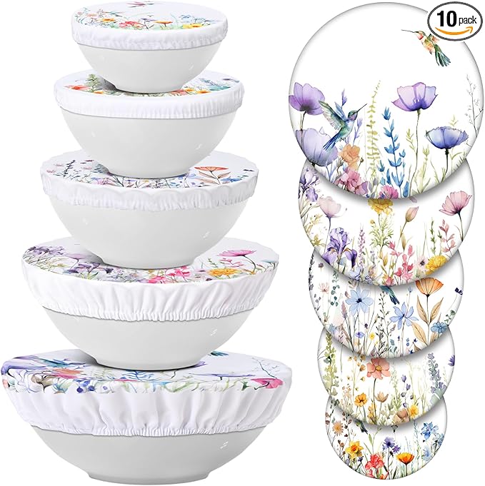 Patelai 10 Pcs Bowl Covers Reusable in 5 Size Stretch Cloth Fabric Elastic Food Storage Bowl Covers Bread Sourdough Lids for Proofing Food Fruits Leftover(Multicolor,Hummingbird Style)