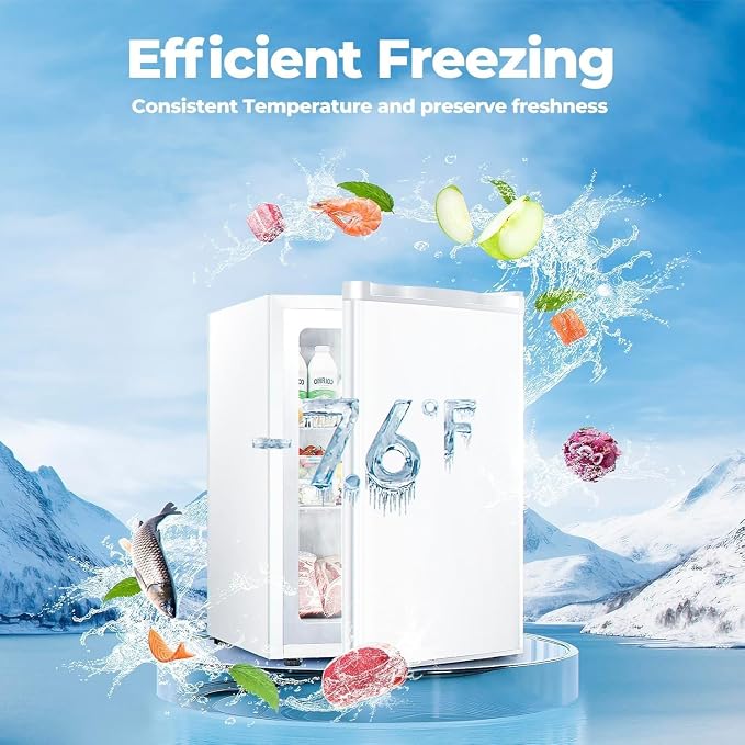 Electactic 3.2 Cu.ft Small Freezer, Mini Upright Freezer with Adjustable Thermostat, Removable Shelves, Reversible Single Door, for Bedroom/Home/Dorms/Apartment (White)