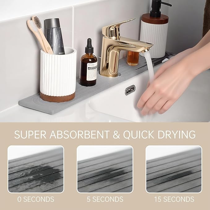 Diatomite Sink Splash Guard – Super Absorbent Kitchen & Bath Mat, Quick-Dry Non-Slip Drying Tray, Fits Most Faucets, Pet Bowl Mat, Vase Holder (Premium Gray, 23.6'' x 4'')