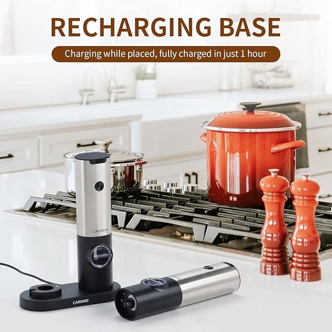 Electric Salt and Pepper Grinder Set Rechargeable Automatic Pepper Mill Grinder Stainless Steel Kitchen Gadgets Adjustable Coarseness Shakers, One Hand Operation, 2 Pack