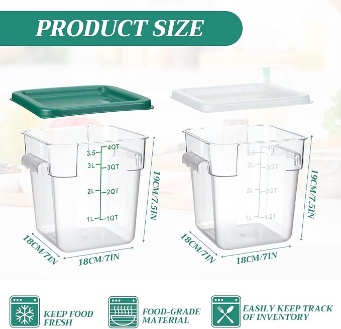 Lallisa 8 Pack 4 Qt Clear Food Storage Container with Handles and Lid Commercial Grade Square Food Containers with Lids Polycarbonate Storage Container for Home Kitchen Restaurant (White and Green)