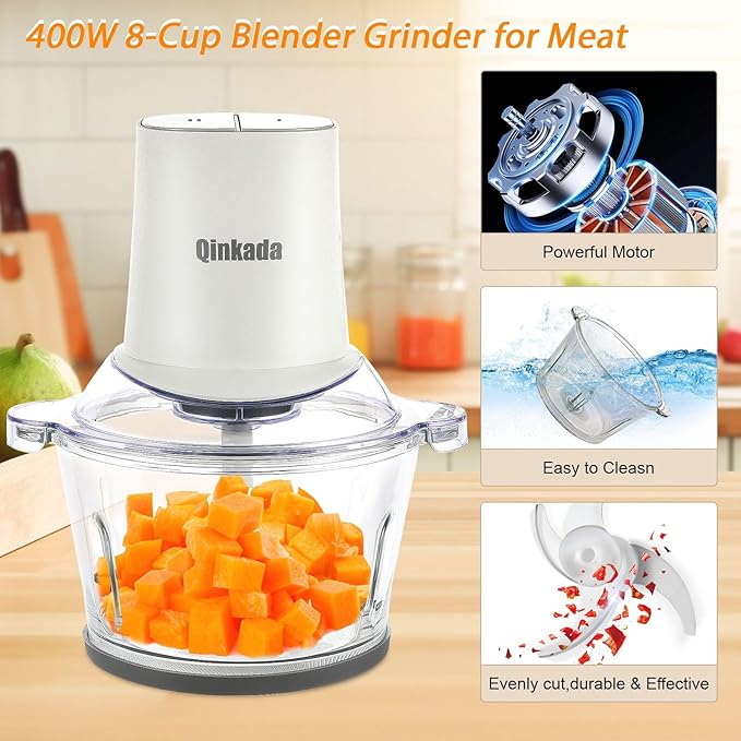 Qinkada Food Processors with 2 Bowls, 400W Meat Grinder, Food Chopper Electric, 2 Speed, 8Cup Glass and 8Cup 304 Stainless Steel, 2 Blades, Spatula (White)
