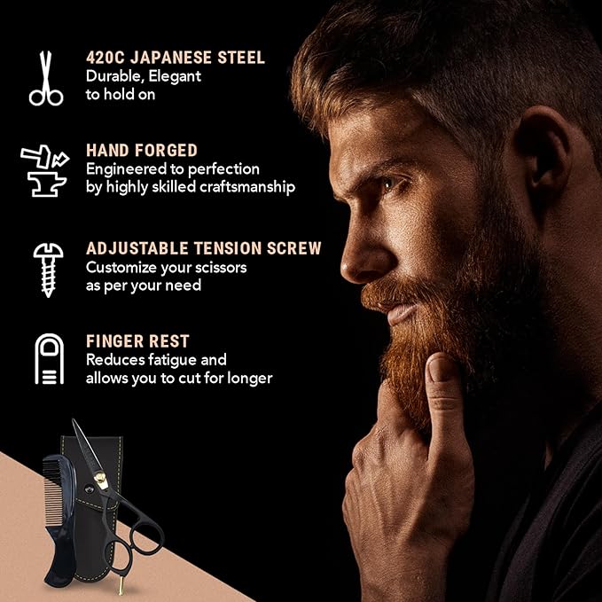 Ontaki Beard and Mustache Scissors for Men - 5.5 in, Black, Left Hand - 420C Japanese Steel Precise Sharp Blades - Complete Grooming Kit with Mustache Comb & Scissors Set