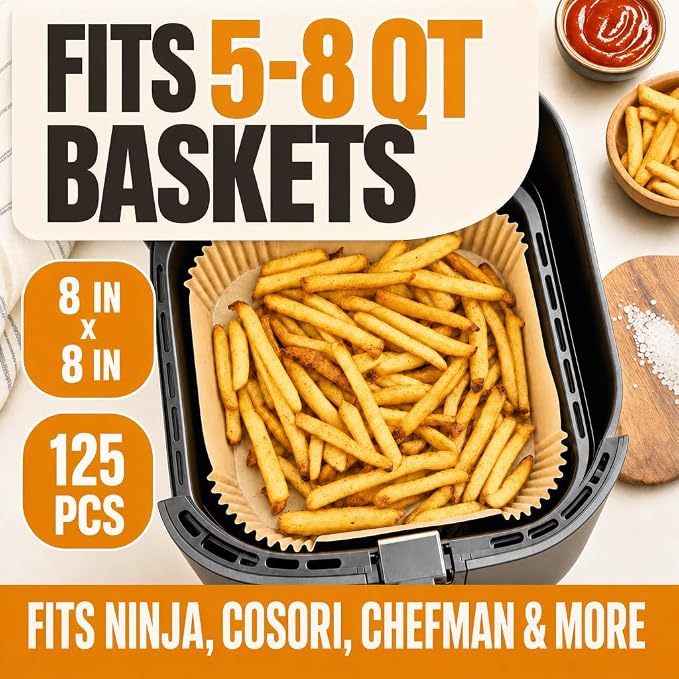 Air Fryer Paper Liners, 125Pcs Air Fryer Disposable Liners, Non-Stick and Oil Proof for Easy Cleanup, 8” Square for 5-8 qt Basket by Baker's Signature