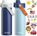 baab 20oz Kids Water Bottle, Insulated Kids Water Bottle with Lockable Spout Lid & Stickers, 18/8 Stainless Steel Vacuum Leakproof Kid Water Cup for Boy Girl & School (Navy Blue+Grey, 2 Pack)