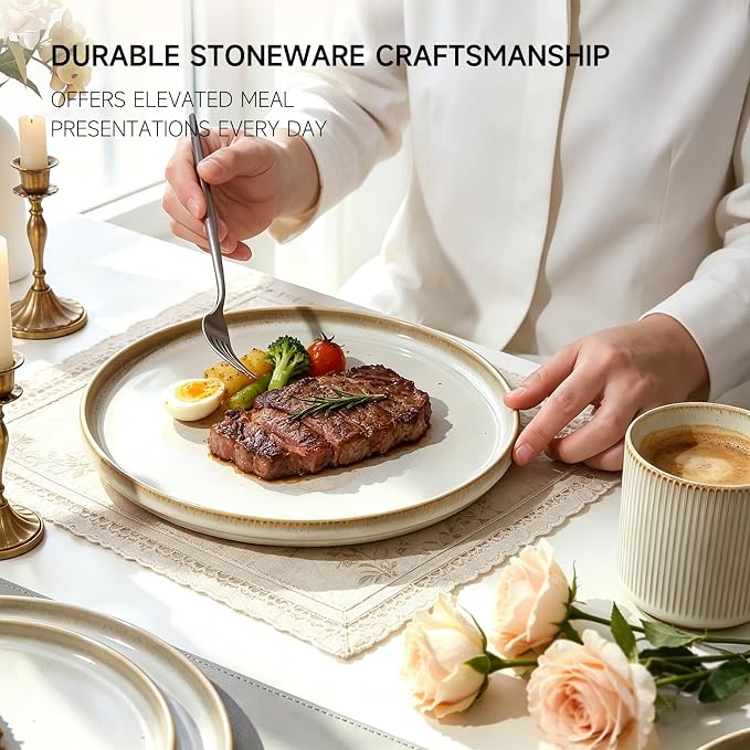 MONITO Ceramic Dinnerware 16 Pieces Dinner Set，10.6in Stoneware Plates and Bowls Sets, Highly Chip and Crack Resistant | Dishwasher & Microwave Dishes set,Gift, Bonbon Beige