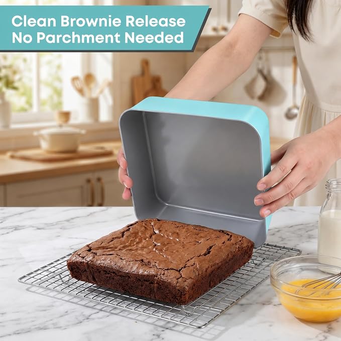9 Inch Square Cake Pan with Snap-Lock Lid, Nonstick Carbon Steel Brownie Pan with Foldable Handle, PTFE & PFOA Free, for Brownies Bars Casseroles