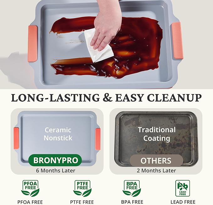 BRONYPRO Non Stick Ceramic Baking Sheet Pan Set of 3, Non Toxic Cookie Sheets (PFAS/PFOA/PTFE Free), Aluminized Steel Oven Trays with Silicone Handles, Rust-Resistant, Warp-Resistant to 500°F, Coral