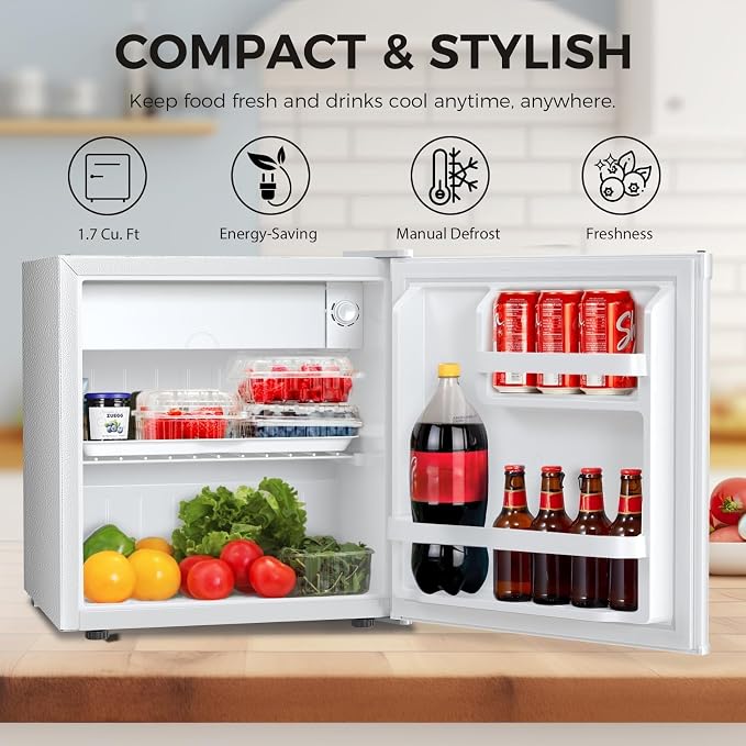 Antarctic Star 1.6 Cu. Ft Mini Fridge with Freezer,Small Compact Refrigerator with Single Reversible Door, Removable Shelves, 7 Adjustable Thermostat, for Dorm/Bedroom/Office,White