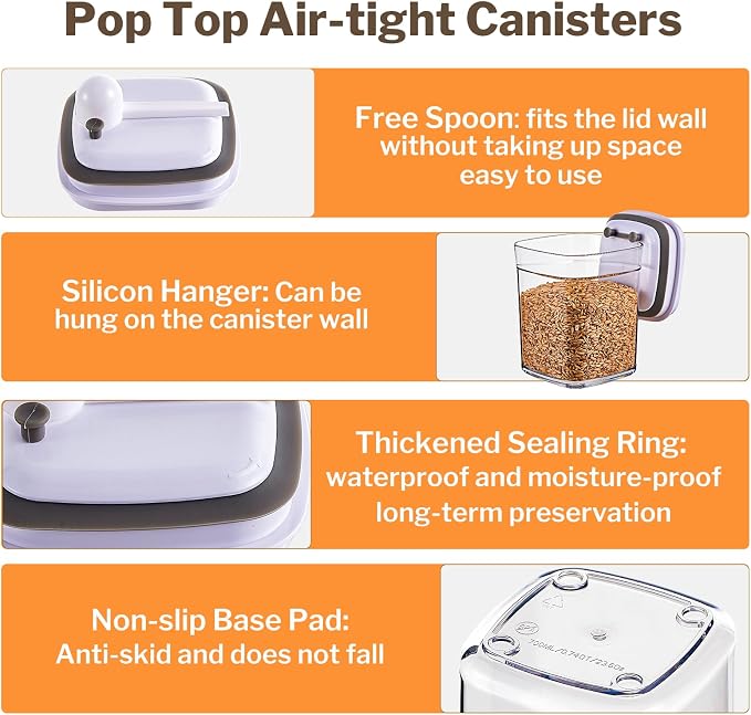 UFORU Pop Top Food Storage Container Set | 8Pcs Airtight Cereal Storage Organizer Canisters with Pop Lids, BPA-Free, Vacuum Seal & One-button Opening, Stackable Pantry Containers for Dry Food Storage