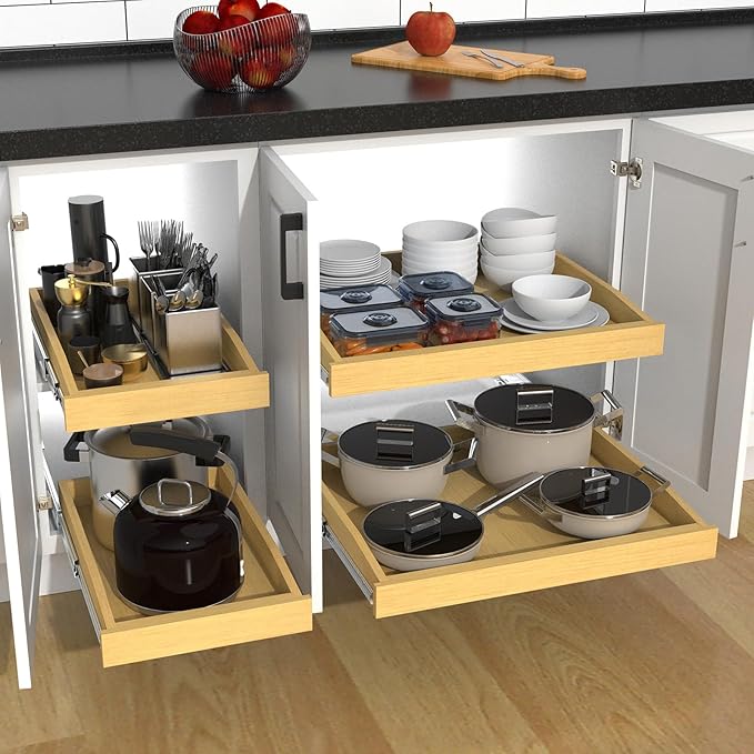 Wooden Pull out Cabinet Organizer 23" W x 21" D x 3.35" H, Heavy Duty Slide Out Drawers Pull-Out Home Organizers for Kitchen Cabinets