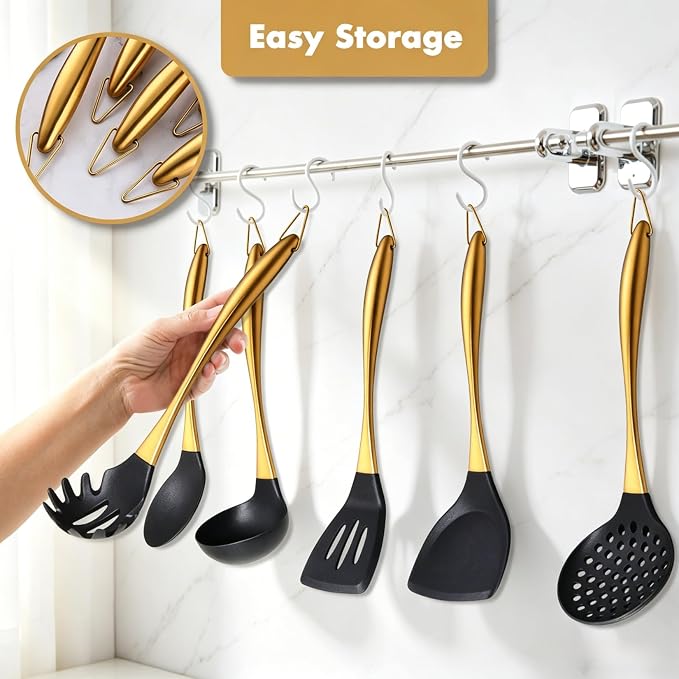 Silicone Cooking Utensils Set, 17pcs Kitchen Utensil Set with Rotatable Holder, Heat-Resistant Silicone Utensils for Cooking, Non-Stick Spatula Set with Stainless Steel Handle,Turner,Ladle (Gold)