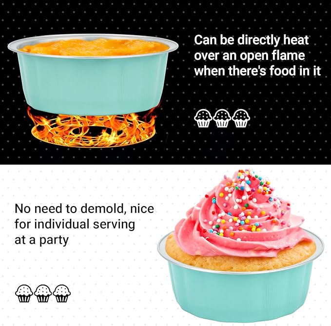 Beasea 8oz Aluminum Ramekins, 200 Pack 3.9" Mini Disposable Baking Foil Cups Ramekin Cup Cupcake Aluminum Baking Cups for Party - Lake Blue