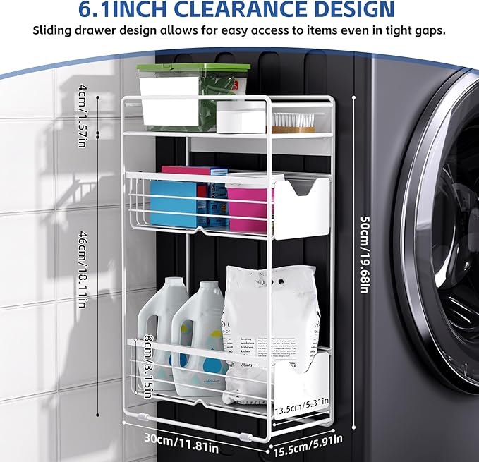 CABTE 3 Tier Magnetic Shelves for Washing Machine with Pull Out Metal Drawer,Magnetic Spice Rack for Fridge,Magnetic Rack with no Installation, Versatile Storage Organizers for Home (White, 3 Tier)